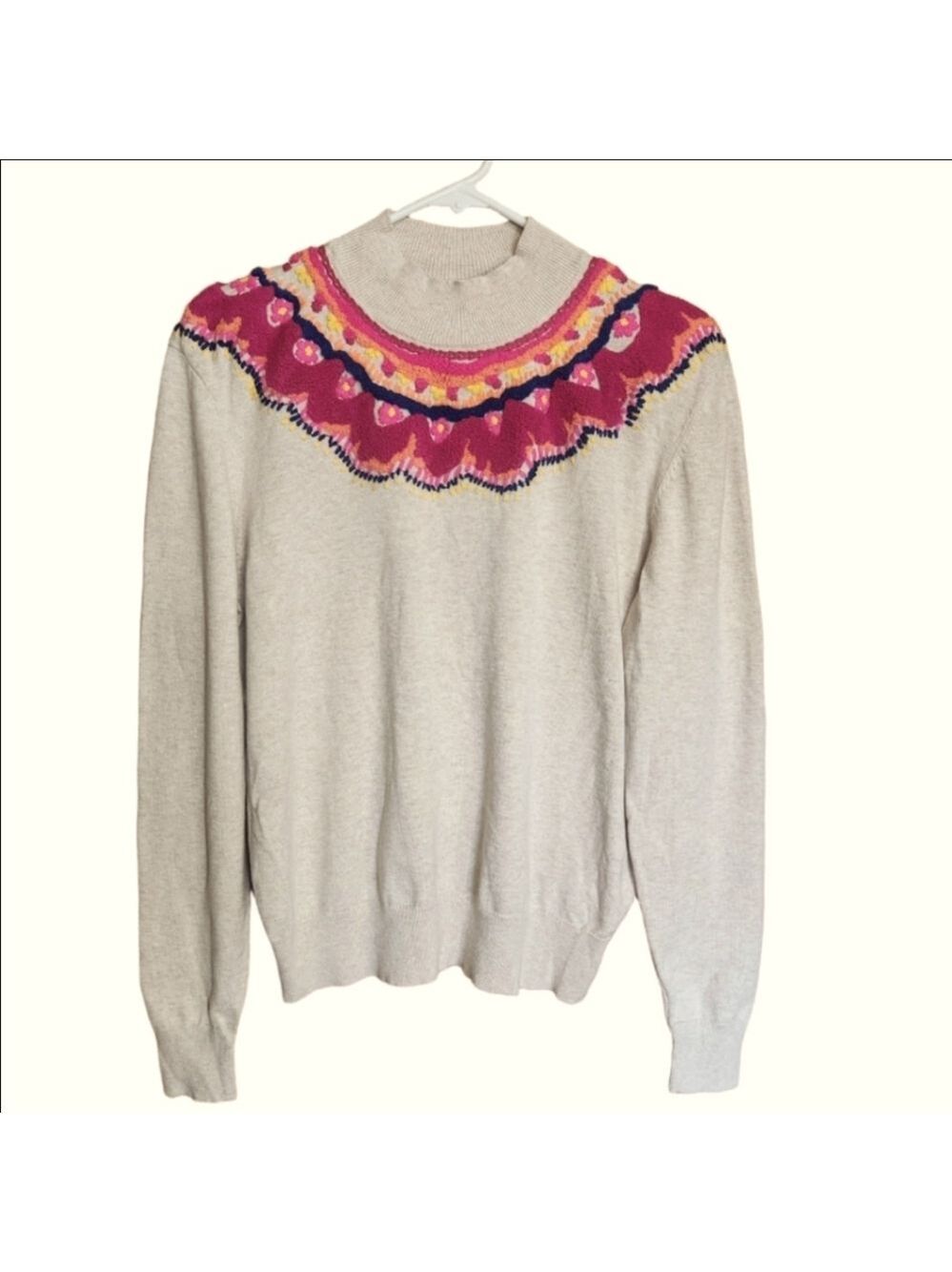 CABI WINSOME PULLOVER MOCK NECK EMBROIDERED FAIR ISLE STYLE MEDIUM EUC